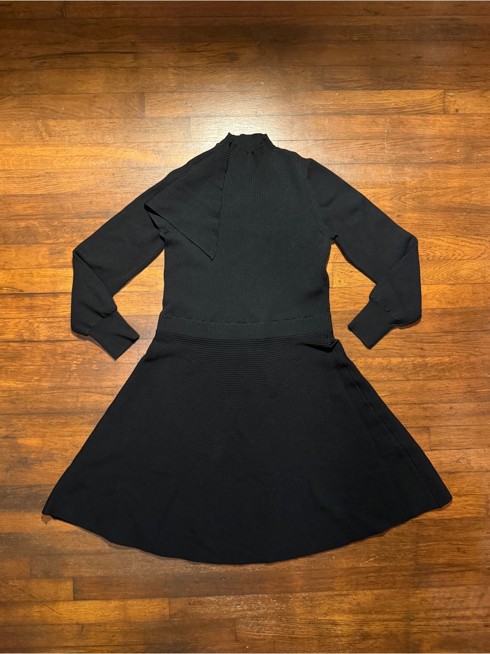 The Fold Black Ribbed Long Sleeve Fit and Flare Dress